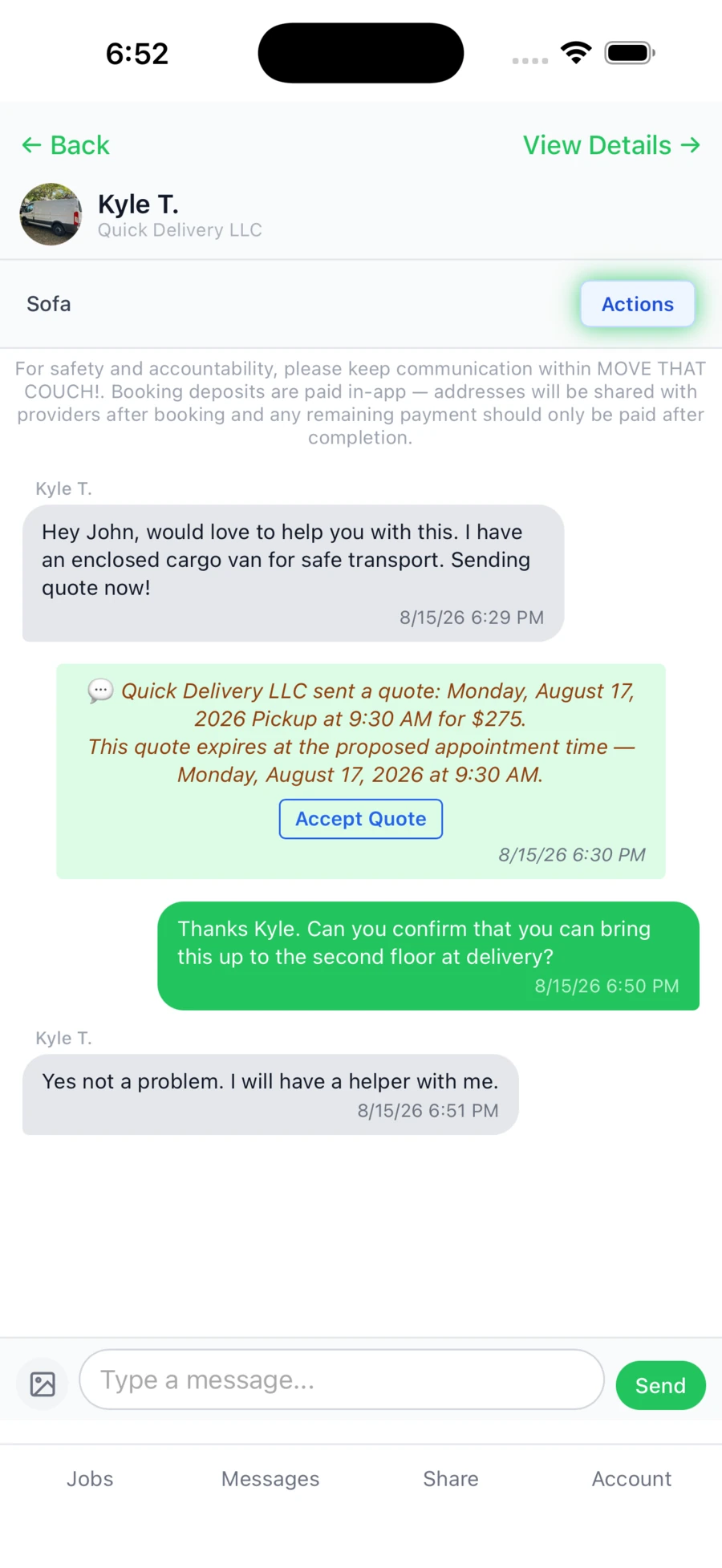 Conversation between a customer and a service provider