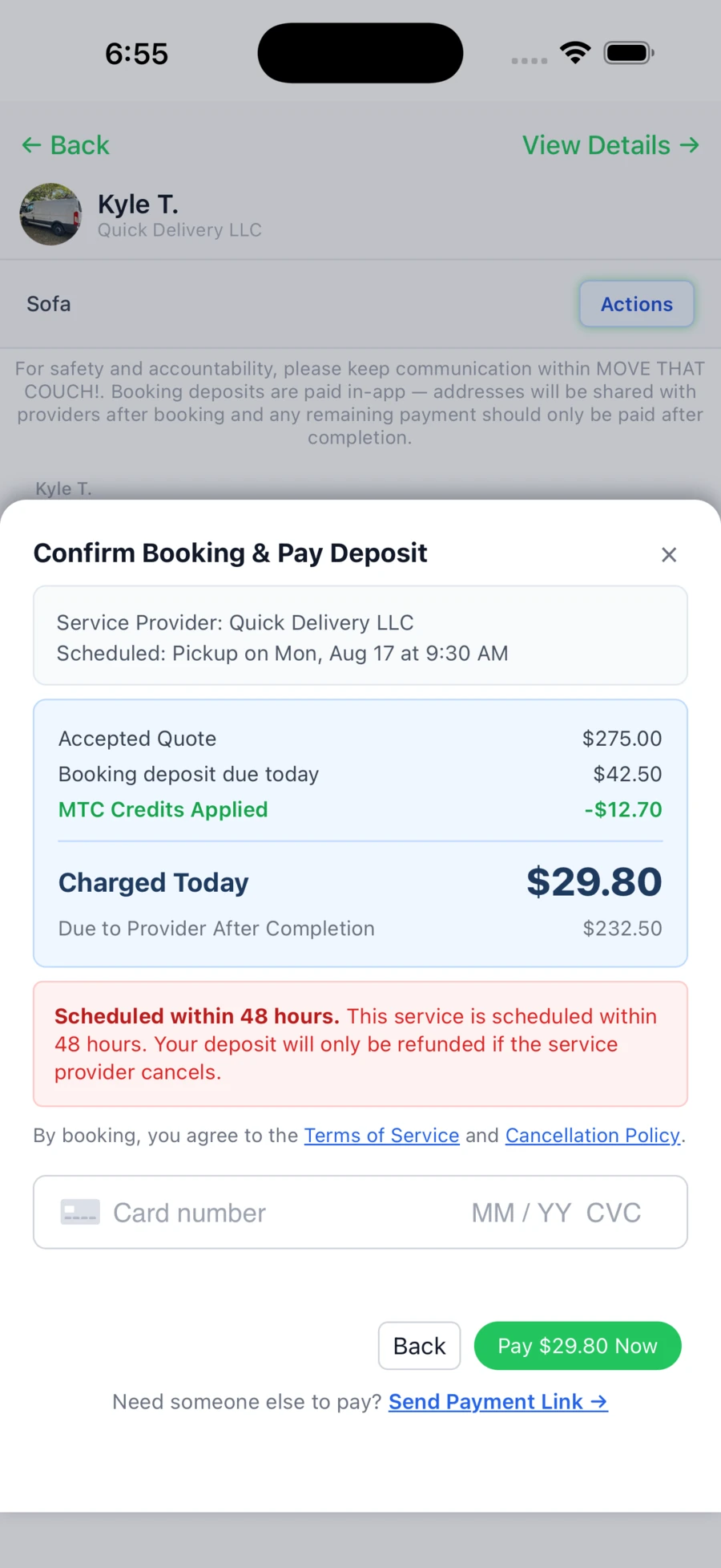 Booking payment screen showing deposit and balance