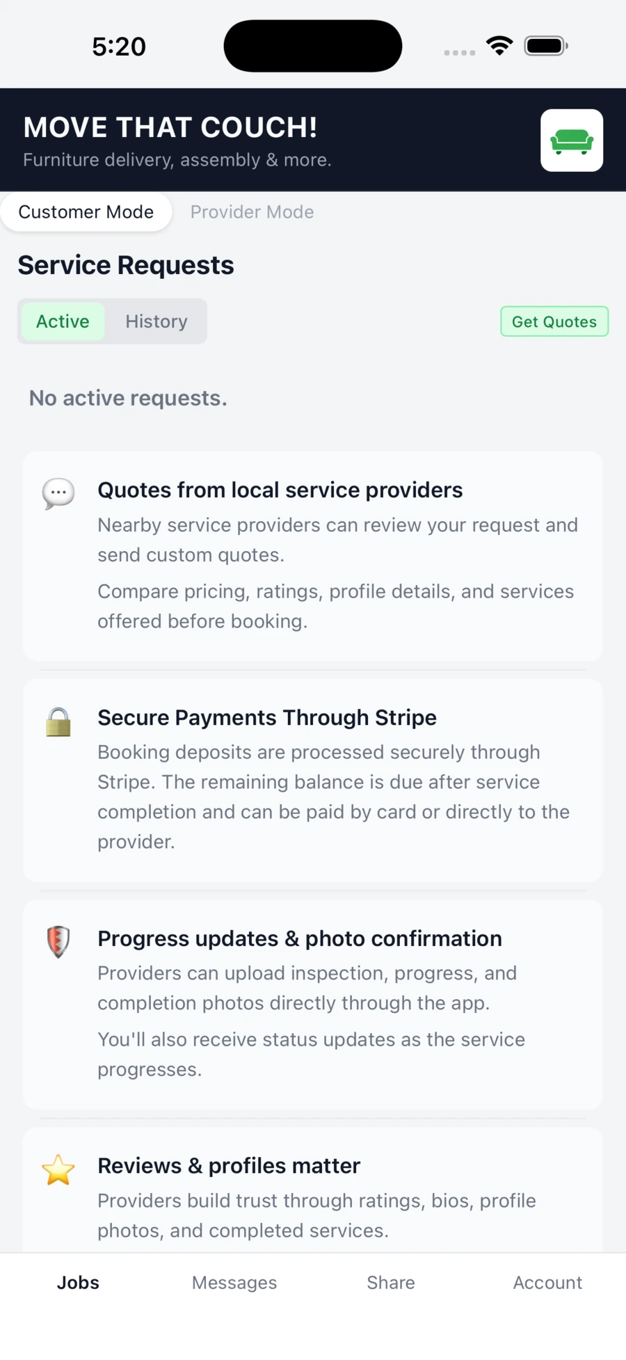 MOVE THAT COUCH! customer home screen showing Service Requests and the main app navigation