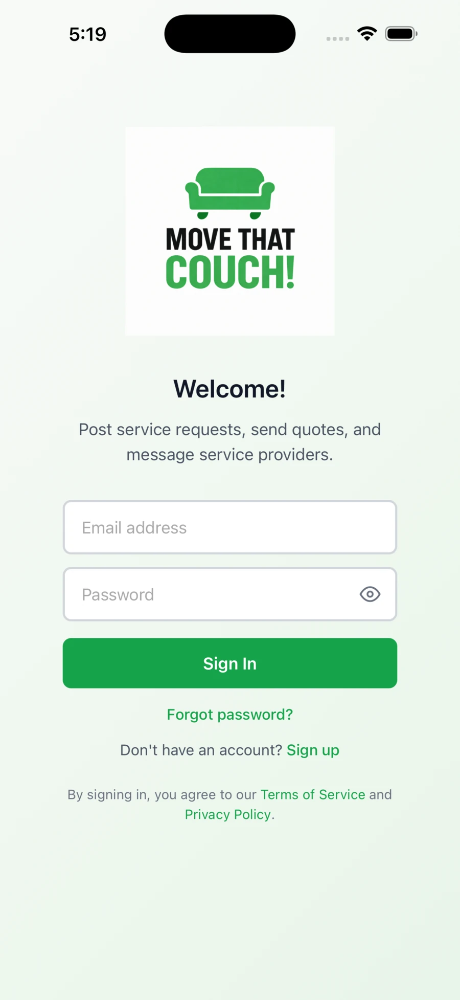 MOVE THAT COUCH! iOS sign-in screen with the product logo